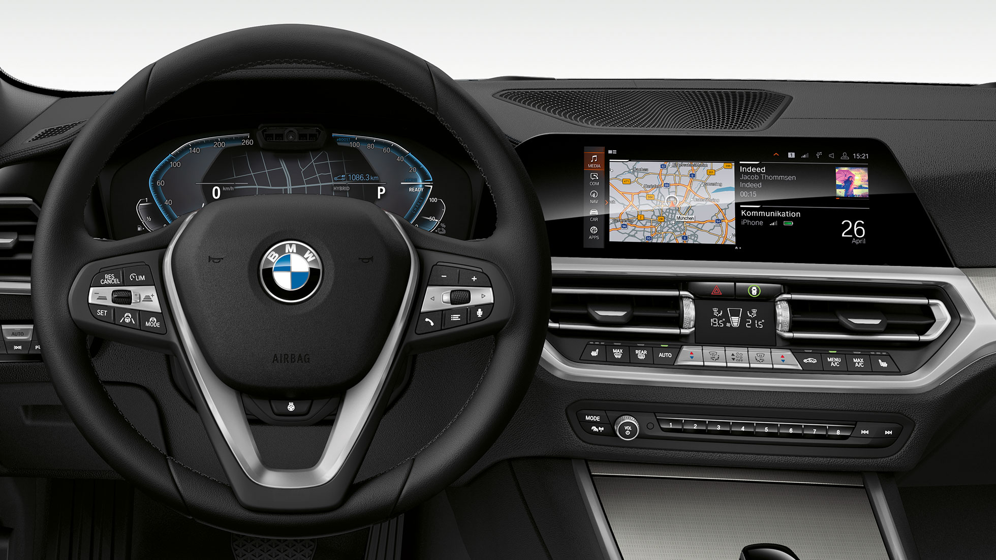 BMW Serie 3 Sedán, 330e, Cabina. Vista frontal detallada de la cabina del BMW Serie 3 Sedán con pantalla específica i.