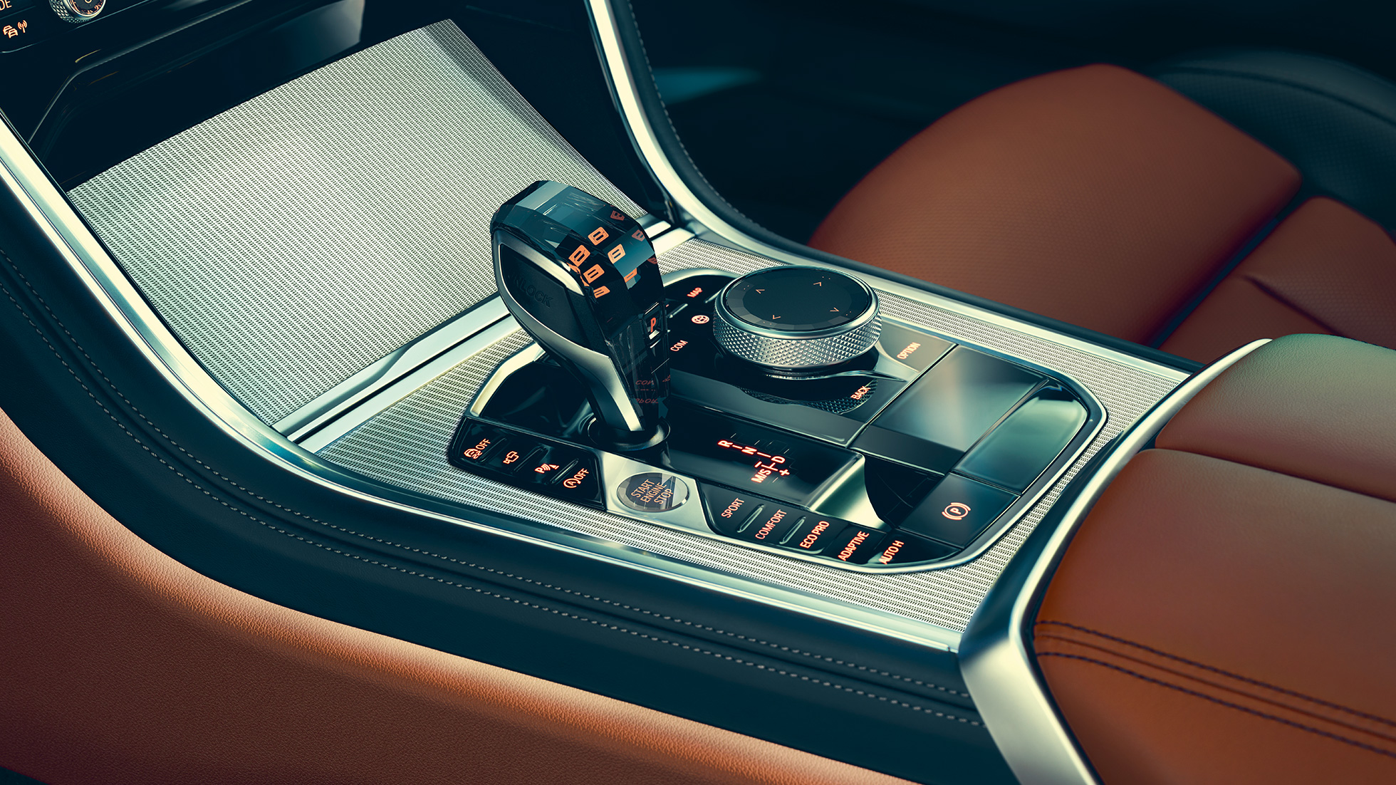Interior del BMW Serie 8 Coupé. BMW 8er Coupé, Interior, acercamiento del selector de velocidades.